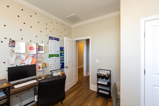 home office with crown molding and dark wood-type flooring