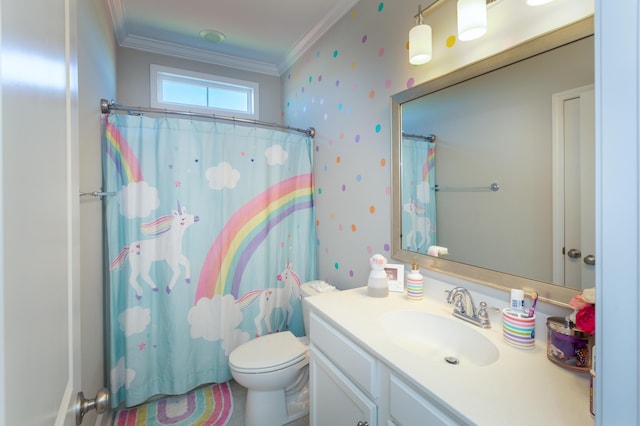 bathroom featuring vanity, ornamental molding, toilet, and a shower with shower curtain