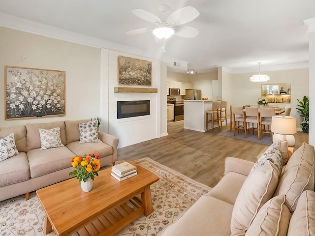 living room with ceiling fan with notable chandelier, ornamental molding, a glass covered fireplace, and light wood-style flooring