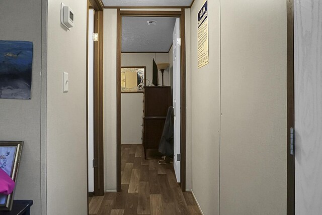 hall with a textured ceiling and dark hardwood / wood-style floors