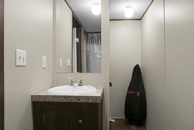 bathroom with a textured ceiling, hardwood / wood-style flooring, and vanity