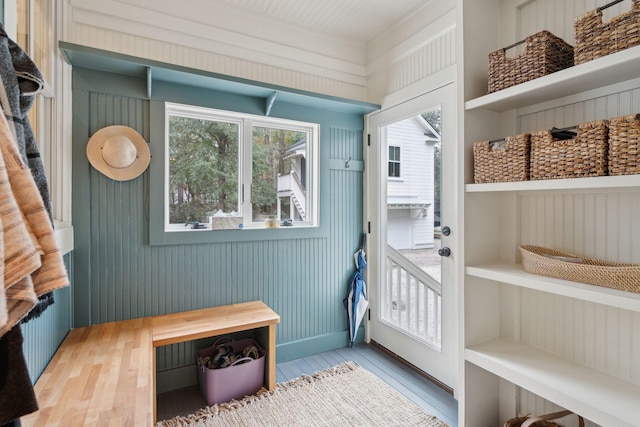 mudroom with wood finished floors and plenty of natural light