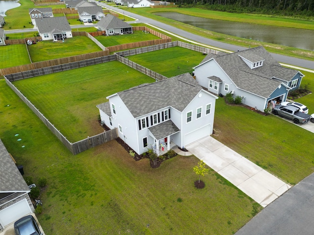 aerial view featuring a water view