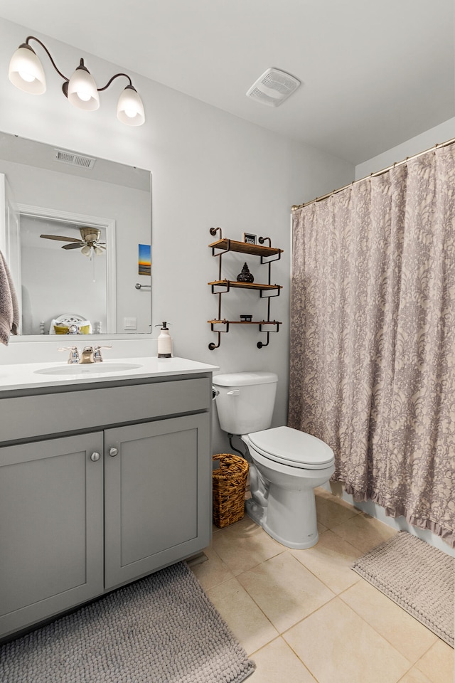 bathroom with walk in shower, tile patterned floors, ceiling fan, vanity, and toilet