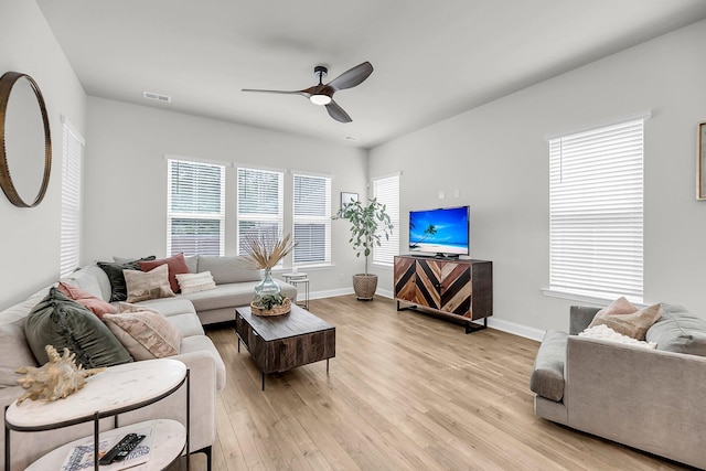living area featuring ceiling fan, light wood finished floors, and baseboards