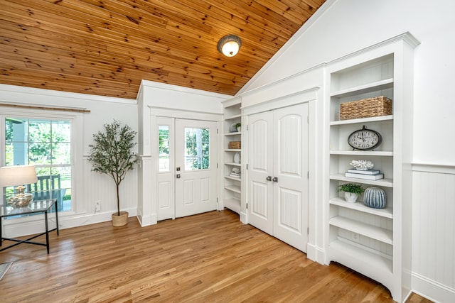 3002 Waterway Blvd, Isle Of Palms, SC 29451 - entryway with lofted ceiling, light wood-type flooring, and wooden ceiling