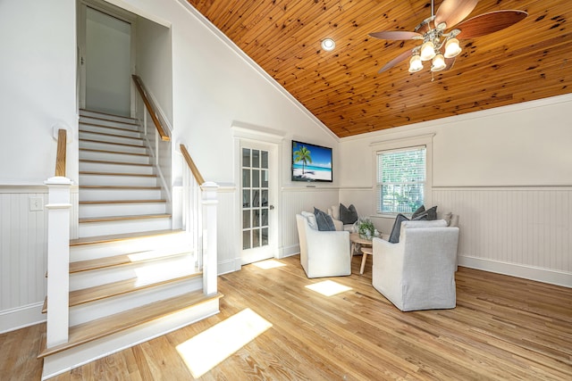 3002 Waterway Blvd, Isle Of Palms, SC 29451 - sitting room featuring wooden ceiling, a wainscoted wall, ceiling fan, stairs, and wood finished floors