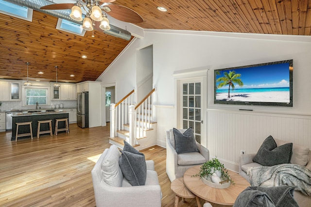 3002 Waterway Blvd, Isle Of Palms, SC 29451 - living area featuring a ceiling fan, a wainscoted wall, wooden ceiling, light wood-style flooring, and stairs