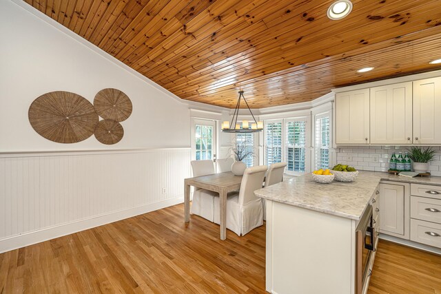 3002 Waterway Blvd, Isle Of Palms, SC 29451 - kitchen featuring wooden ceiling, a wainscoted wall, light wood-style floors, white cabinetry, and hanging light fixtures