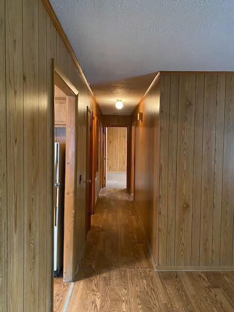 1806 S Charleston Ave, Fairfax, SC 29827 - hallway with wooden walls, wood finished floors, and a textured ceiling