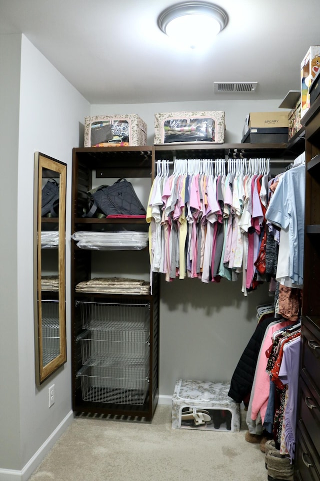 spacious closet featuring light colored carpet