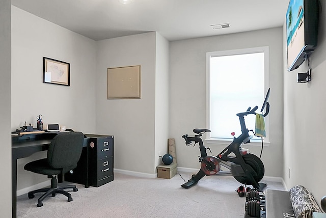 carpeted office space with visible vents and baseboards