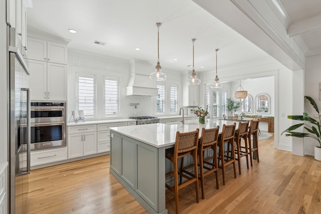 3894 Sawyers Island Dr, Mount Pleasant, SC 29466 - kitchen with visible vents, light wood-style floors, custom exhaust hood, and appliances with stainless steel finishes