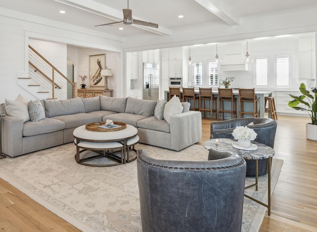 3894 Sawyers Island Dr, Mount Pleasant, SC 29466 - living room featuring stairs, a ceiling fan, beamed ceiling, light wood-style floors, and recessed lighting