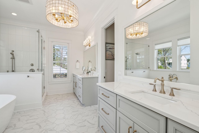 3894 Sawyers Island Dr, Mount Pleasant, SC 29466 - bathroom with a shower stall, crown molding, a sink, and an inviting chandelier