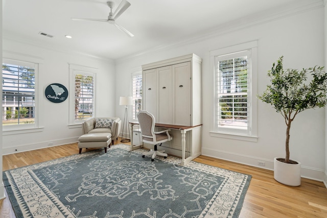 3894 Sawyers Island Dr, Mount Pleasant, SC 29466 - office area featuring wood finished floors, plenty of natural light, crown molding, and ceiling fan