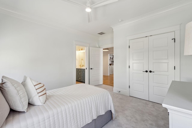 3894 Sawyers Island Dr, Mount Pleasant, SC 29466 - bedroom featuring a closet, light colored carpet, visible vents, ceiling fan, and ornamental molding