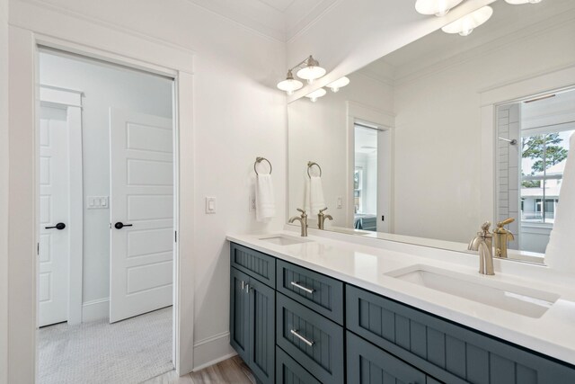 3894 Sawyers Island Dr, Mount Pleasant, SC 29466 - bathroom with double vanity, a sink, crown molding, and baseboards