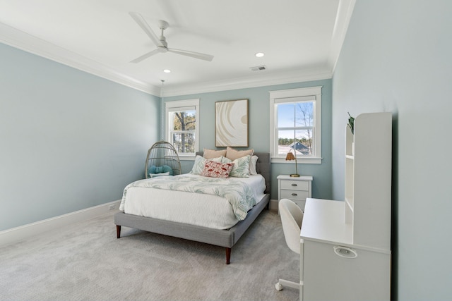 3894 Sawyers Island Dr, Mount Pleasant, SC 29466 - bedroom featuring visible vents, crown molding, baseboards, recessed lighting, and light colored carpet