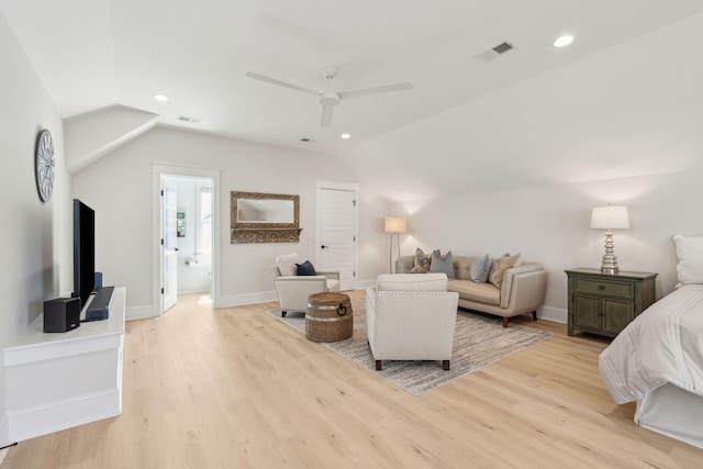 3894 Sawyers Island Dr, Mount Pleasant, SC 29466 - living room with visible vents, a ceiling fan, light wood-style floors, and vaulted ceiling