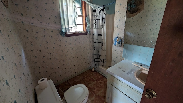 116 Stillfield Dr, Moncks Corner, SC 29461 - bathroom featuring a shower with shower curtain, wallpapered walls, and vanity