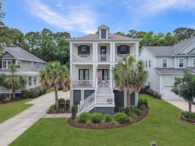 1489 Red Tide Rd, Mount Pleasant, SC 29466 - coastal inspired home with a balcony, stairway, concrete driveway, a porch, and a front lawn