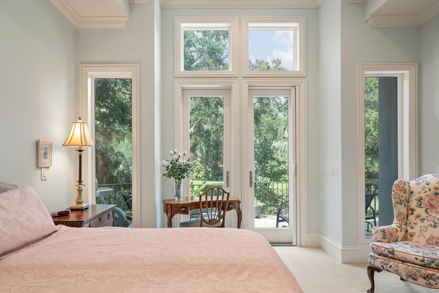 bedroom featuring light carpet and access to exterior