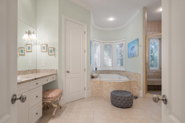 bathroom with tile patterned flooring, vanity, shower with separate bathtub, and ornamental molding