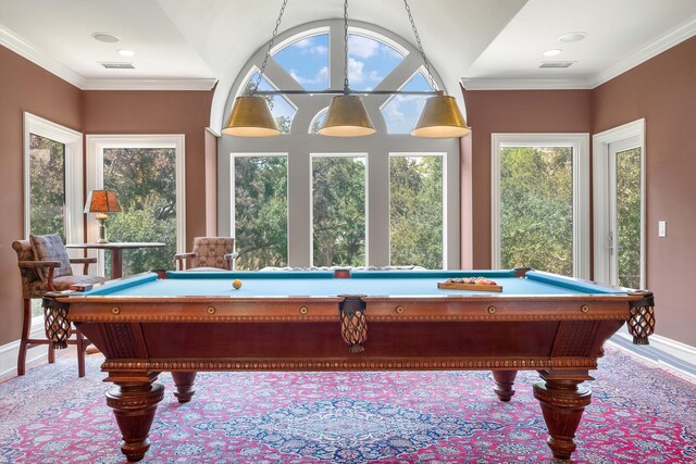 recreation room with vaulted ceiling, ornamental molding, and billiards