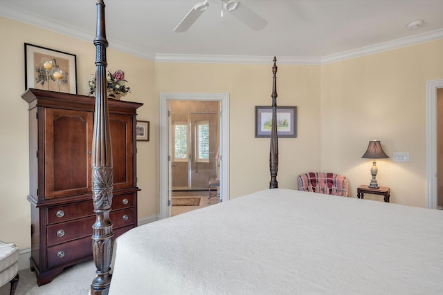 bedroom featuring light carpet, ensuite bath, ceiling fan, and crown molding