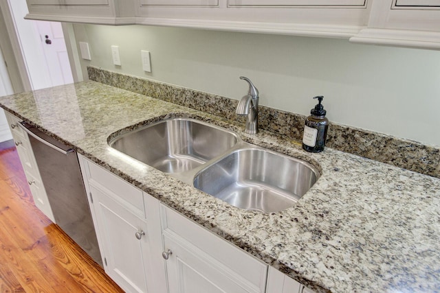 1 Vendue Range Range Unit I, Charleston, SC 29401 - kitchen view of a sink, light wood-style floors, white cabinetry, light stone counters, and stainless steel dishwasher