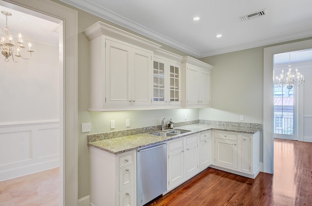 1 Vendue Range Range Unit I, Charleston, SC 29401 - kitchen with dishwasher, a chandelier, a sink, dark wood finished floors, and white cabinetry