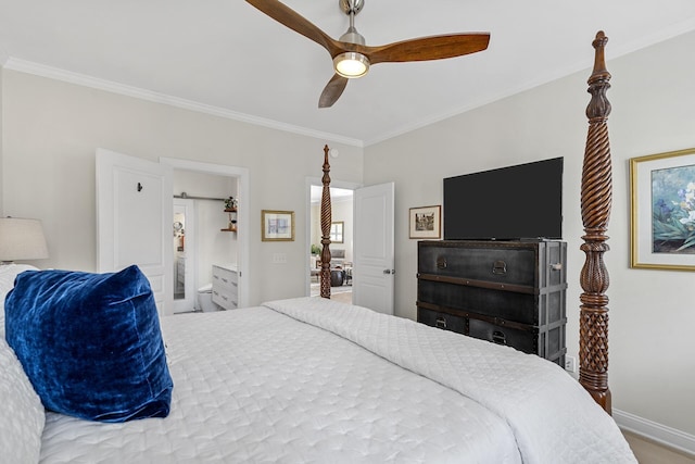 bedroom with crown molding, baseboards, a ceiling fan, and connected bathroom