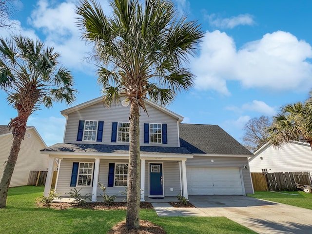 traditional home featuring covered porch, an attached garage, a front yard, fence, and driveway