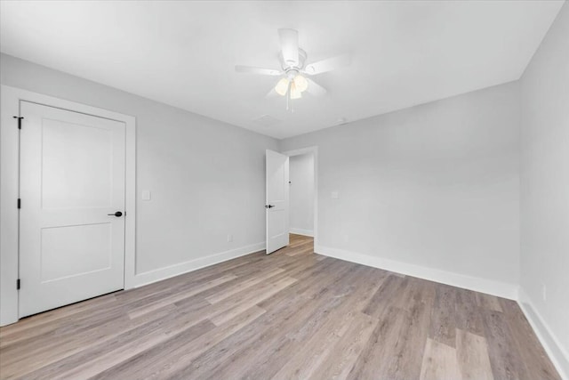 spare room with ceiling fan and light hardwood / wood-style flooring