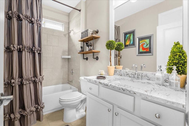full bath with toilet, tile patterned floors, vanity, and shower / bath combo with shower curtain