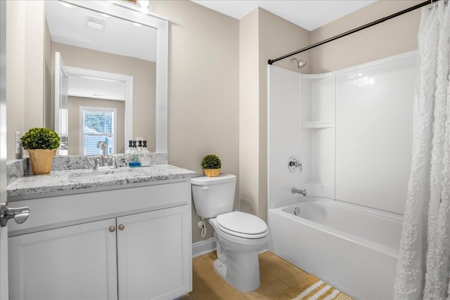 bathroom with shower / tub combo, toilet, and vanity