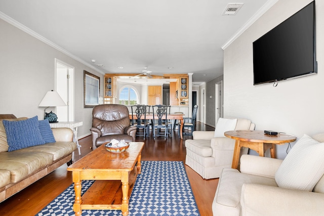 9002 Palmetto Dr Unit 420, Isle Of Palms, SC 29451 - living room featuring wood finished floors, a ceiling fan, ornamental molding, recessed lighting, and baseboards