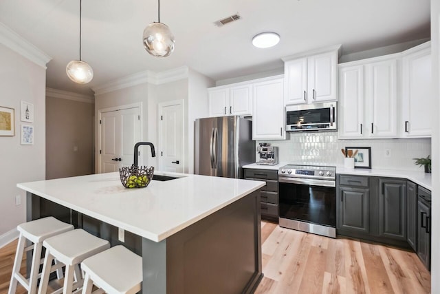 kitchen with white cabinetry, appliances with stainless steel finishes, sink, and a center island with sink