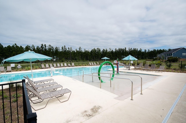 view of swimming pool with a patio area