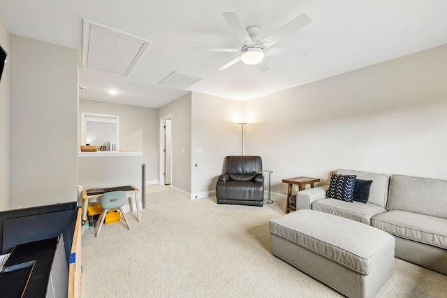 3010 Grinnell St, Johns Island, SC 29455 - living room featuring attic access, light colored carpet, a ceiling fan, and baseboards