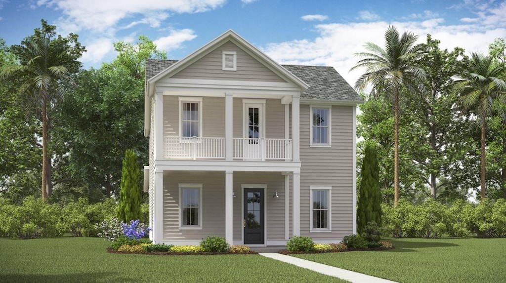 318 Archar St, Summerville, SC 29486 - greek revival house featuring a balcony, covered porch, a front lawn, and roof with shingles