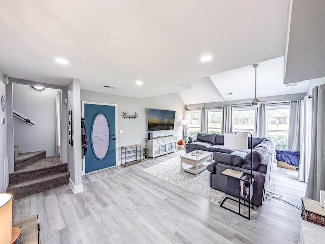 49 Auld Brass Rd, Walterboro, SC 29488 - living area with stairs, light wood finished floors, recessed lighting, baseboards, and ceiling fan
