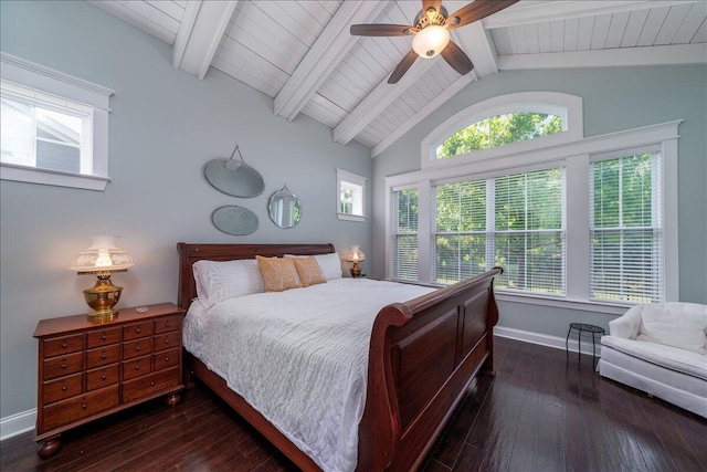 bedroom featuring ceiling fan, baseboards, dark wood-style flooring, and vaulted ceiling with beams