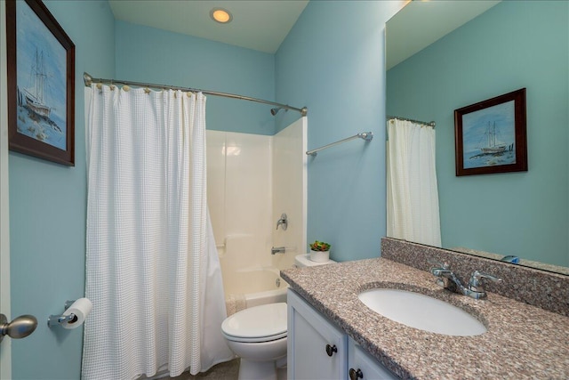 bathroom featuring toilet, vanity, and shower / bath combination with curtain