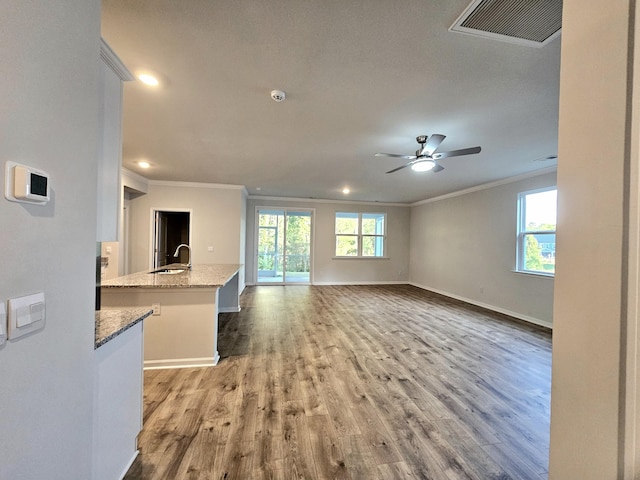 unfurnished living room featuring visible vents, baseboards, ornamental molding, and a sink