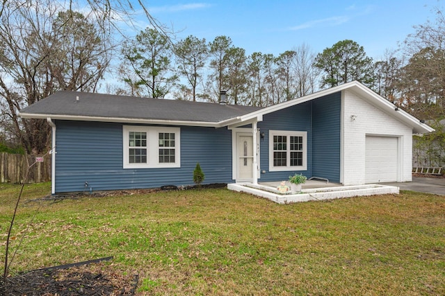 ranch-style house with a front yard and a garage