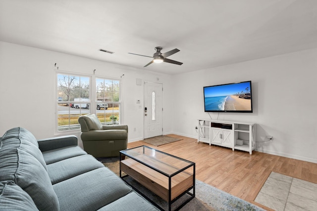 living room featuring hardwood / wood-style flooring and ceiling fan