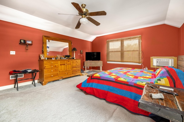 1485 Kinloch Ln, Mount Pleasant, SC 29464 - carpeted bedroom with vaulted ceiling, an AC wall unit, ceiling fan, and baseboards
