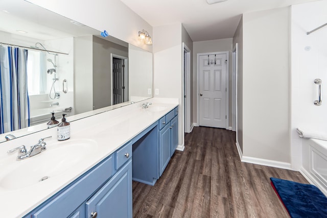 bathroom with hardwood / wood-style floors and vanity